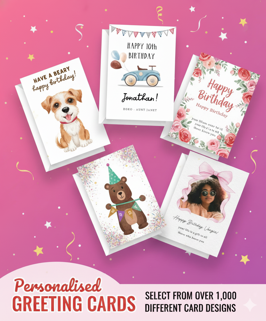 Personalised greeting cards featuring various designs including a dog, bear, and floral themes.