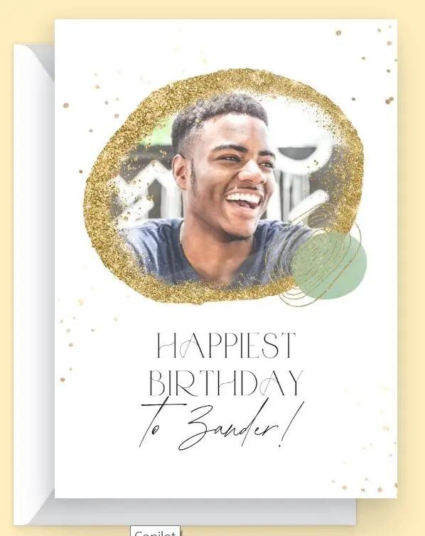 Happiest Birthday card for Zander featuring a joyful young man with a gold glitter border.