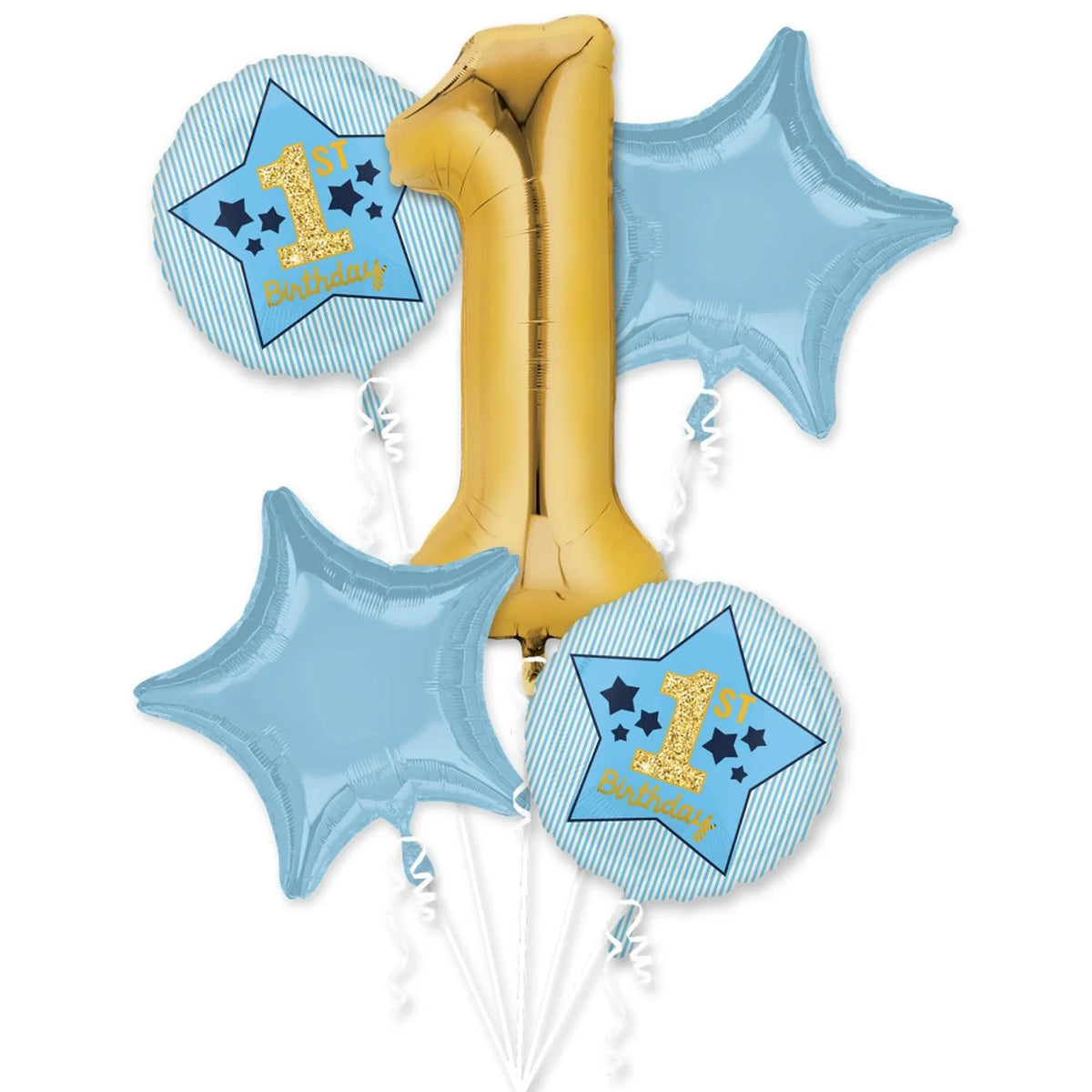 Boy 1st Birthday Bue & Gold Balloon Bouquet 5pcs