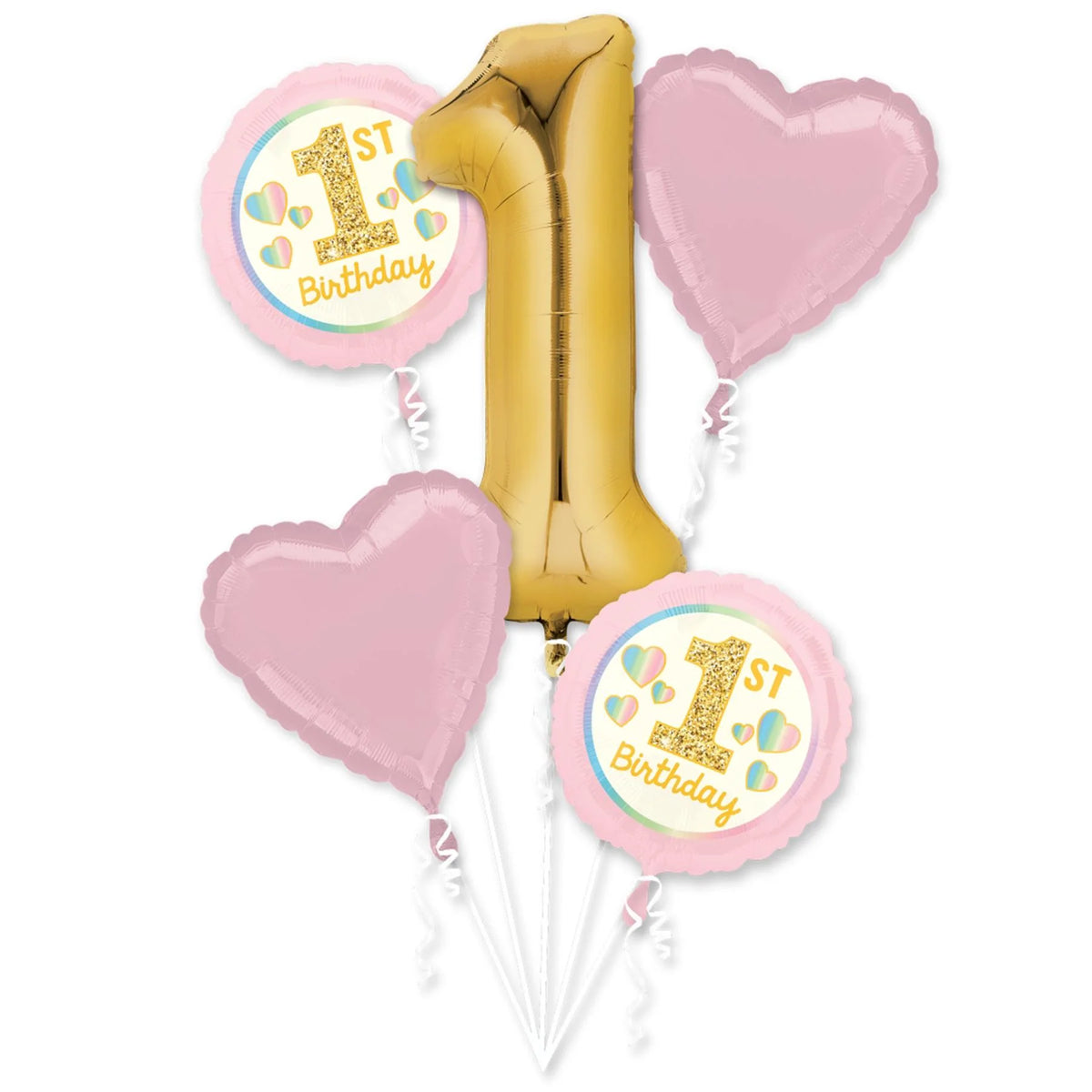 Girl 1st Birthday Pink & Gold Balloon Bouquet 5pcs
