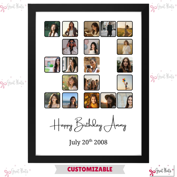 Personalized photo collage with small portraits arranged in a heart shape on a white background, featuring the text 'Happy Birthday Amy July 20th 2008'.