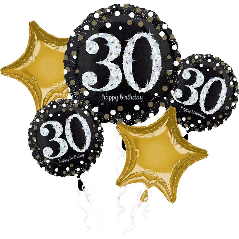 Sparkling Birthday Balloon Bouquet 5pcs 30th to 80th Birthday 30th