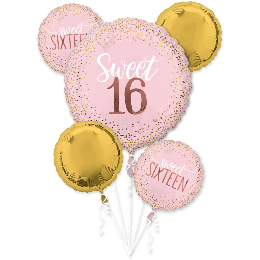 Set of 'Sweet 16' themed balloons in pink and gold on a white background
