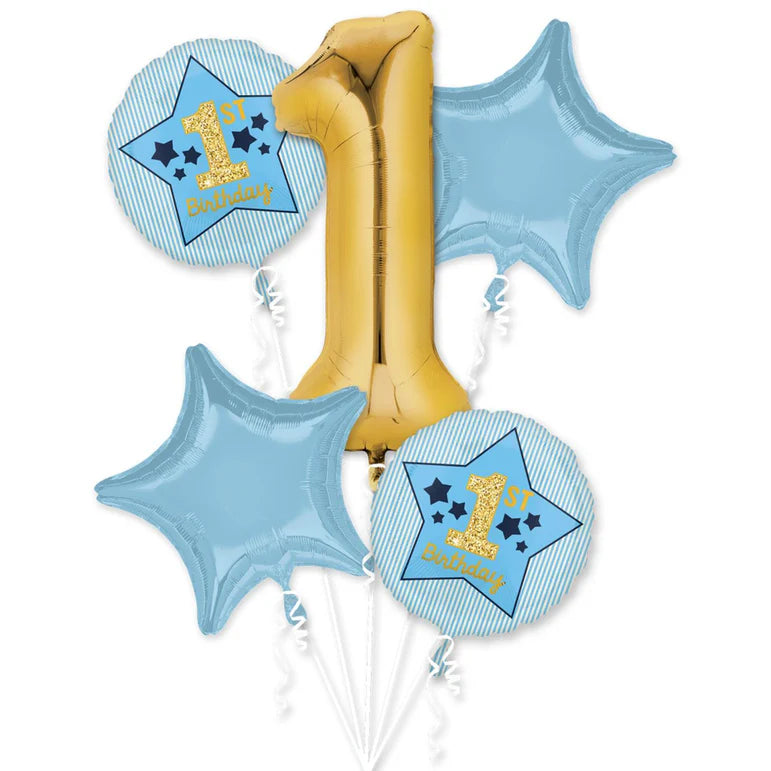 Boy 1st Birthday Bue & Gold Balloon Bouquet 5pcs