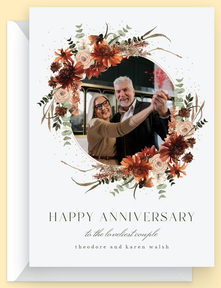 Floral terracotta frame Happy anniversary card