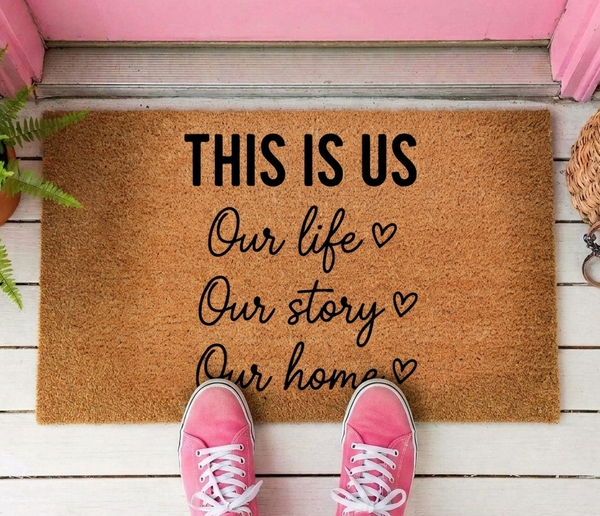 This Is Us Our Life Our Story Our Home natural coir doormat with hearts for entryway decor - Greet Fleets UAE
