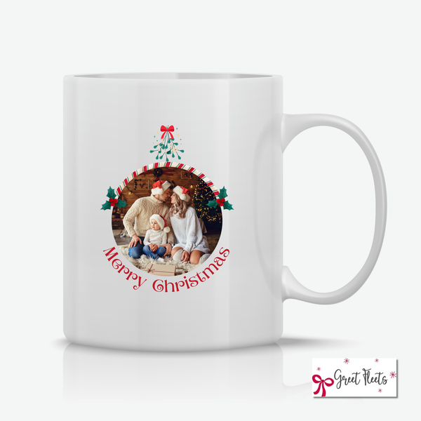 White mug with a Christmas-themed design featuring a family photo and 'Happy Christmas' text on a white background.