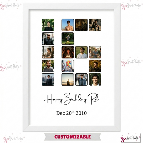Custom 16th birthday number photo collage frame reading Happy Birthday Rob by Greet Fleets Dubai, fully customizable for any age.