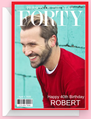 Happy 40th birthday card with a man in a red shirt on a blue background