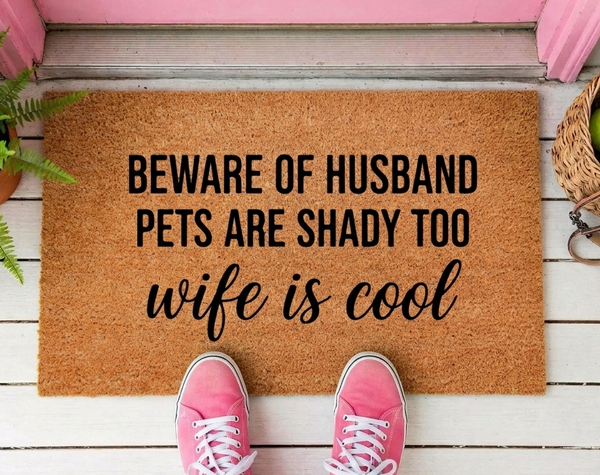 Funny doormat UAE, Beware of Husband mat, Wife is cool decor, Coir welcome mats Dubai.