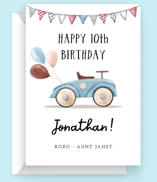 Watercolor Car Birthday Card – Artistic Greeting Card for All Ages | GreetFleets.ae featuring a blue classic car and birthday balloons.