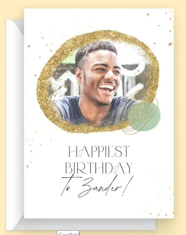 Nature Inspired Birthday Card featuring a smiling young man and a 'Happiest Birthday to Zander!' message.