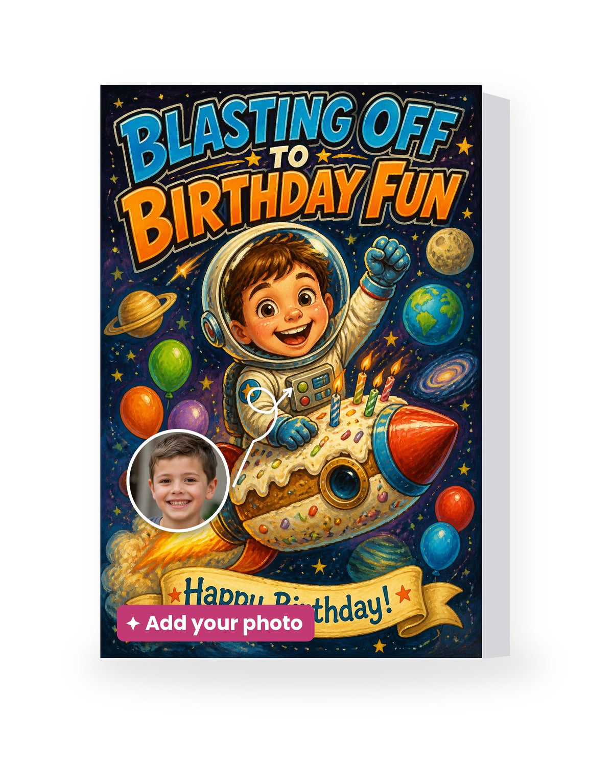 Blasting Off to Birthday Fun – AI Face Card