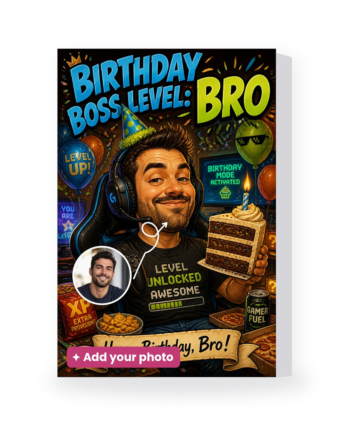 Birthday Boss Level: Bro (Brother) – AI Face Card