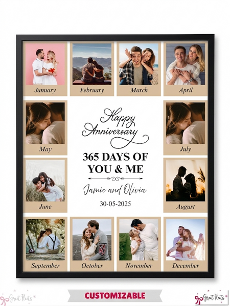 Custom 12-month wedding anniversary photo collage frame reading 365 Days of You and Me with beige borders by Greet Fleets Dubai.