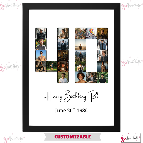 Personalized birthday photo collage in the shape of the number '40' with various photos of a person.