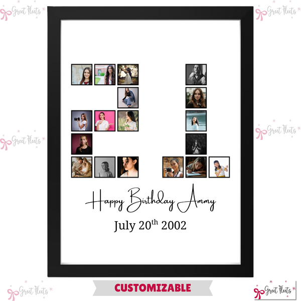 Custom 21st birthday number photo collage frame reading Happy Birthday Rob by Greet Fleets Dubai, fully customizable for any age.