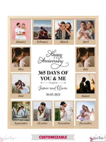 Personalized anniversary photo collage with monthly photos and customizable text.