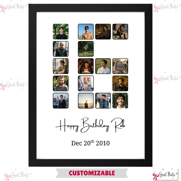 Custom 16th birthday number photo collage frame reading Happy Birthday Rob by Greet Fleets Dubai, fully customizable for any age.