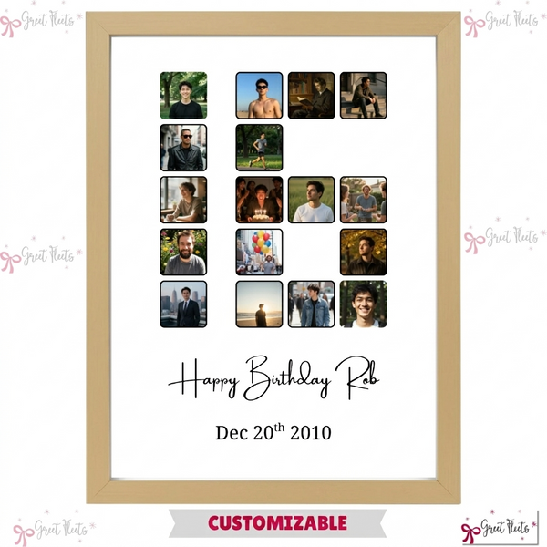 Custom 16th birthday number photo collage frame reading Happy Birthday Rob by Greet Fleets Dubai, fully customizable for any age.