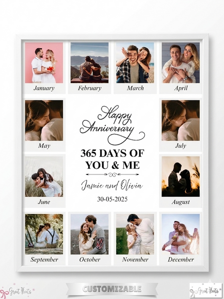 Personalized anniversary photo collage with monthly photos and 'Happy Anniversary' text.