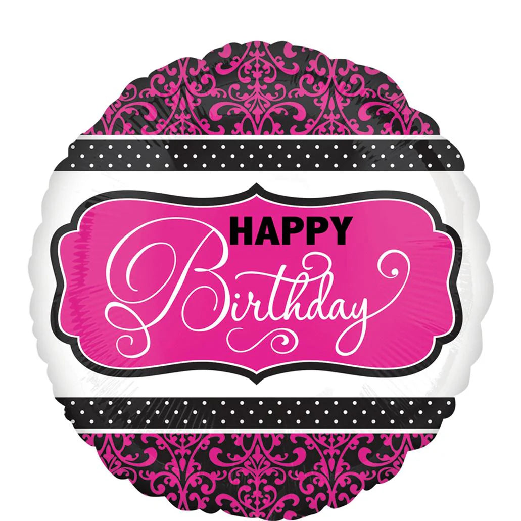 Pink Black & White Birthday Balloon 18in