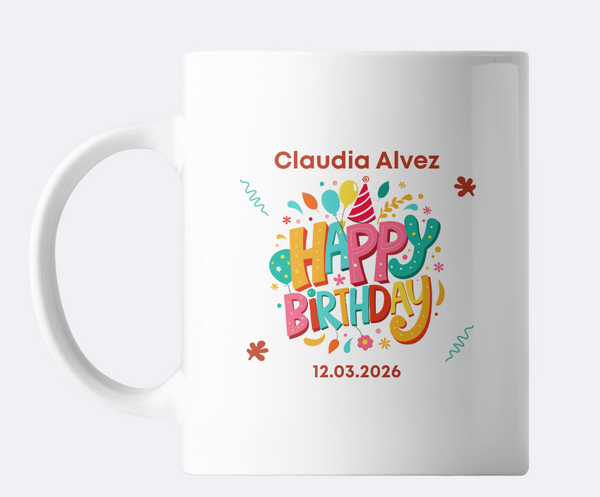 Personalized Birthday Mug – Custom Name & Date Happy Birthday Gift