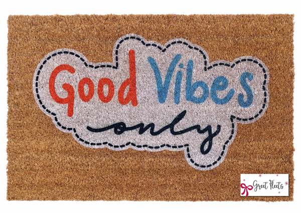 Doormat with 'Good Vibes Only' text on a brown background