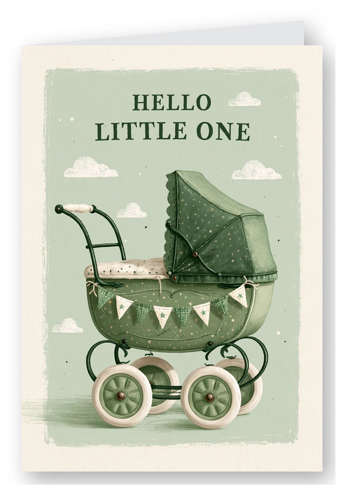 Hello Little One Vintage Pram New Baby Card - Green