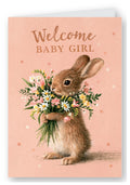 Welcome Baby Girl Bunny Card - Flower Bouquet