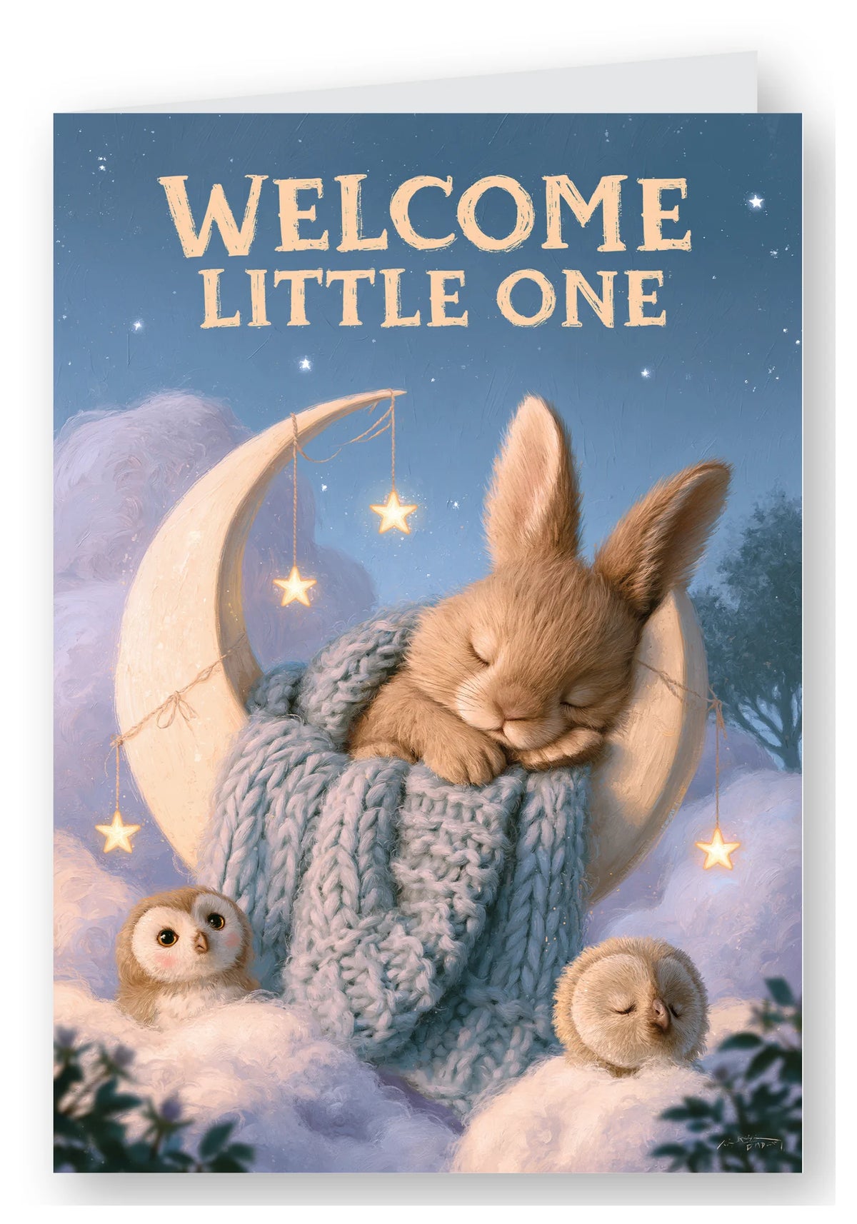Welcome Little One Moon Bunny New Baby Card - Starry Night