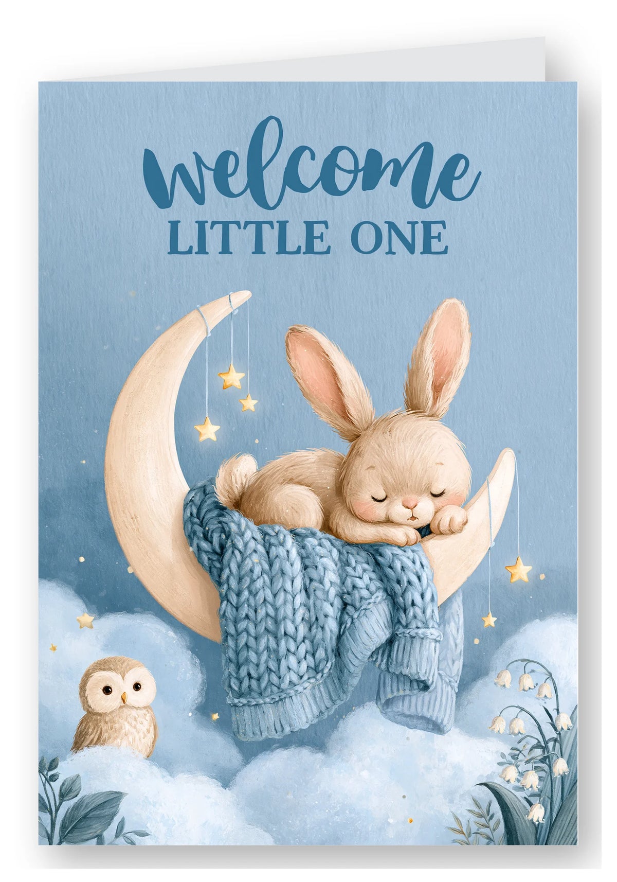 Welcome Little One Moon Bunny New Baby Card - Blue