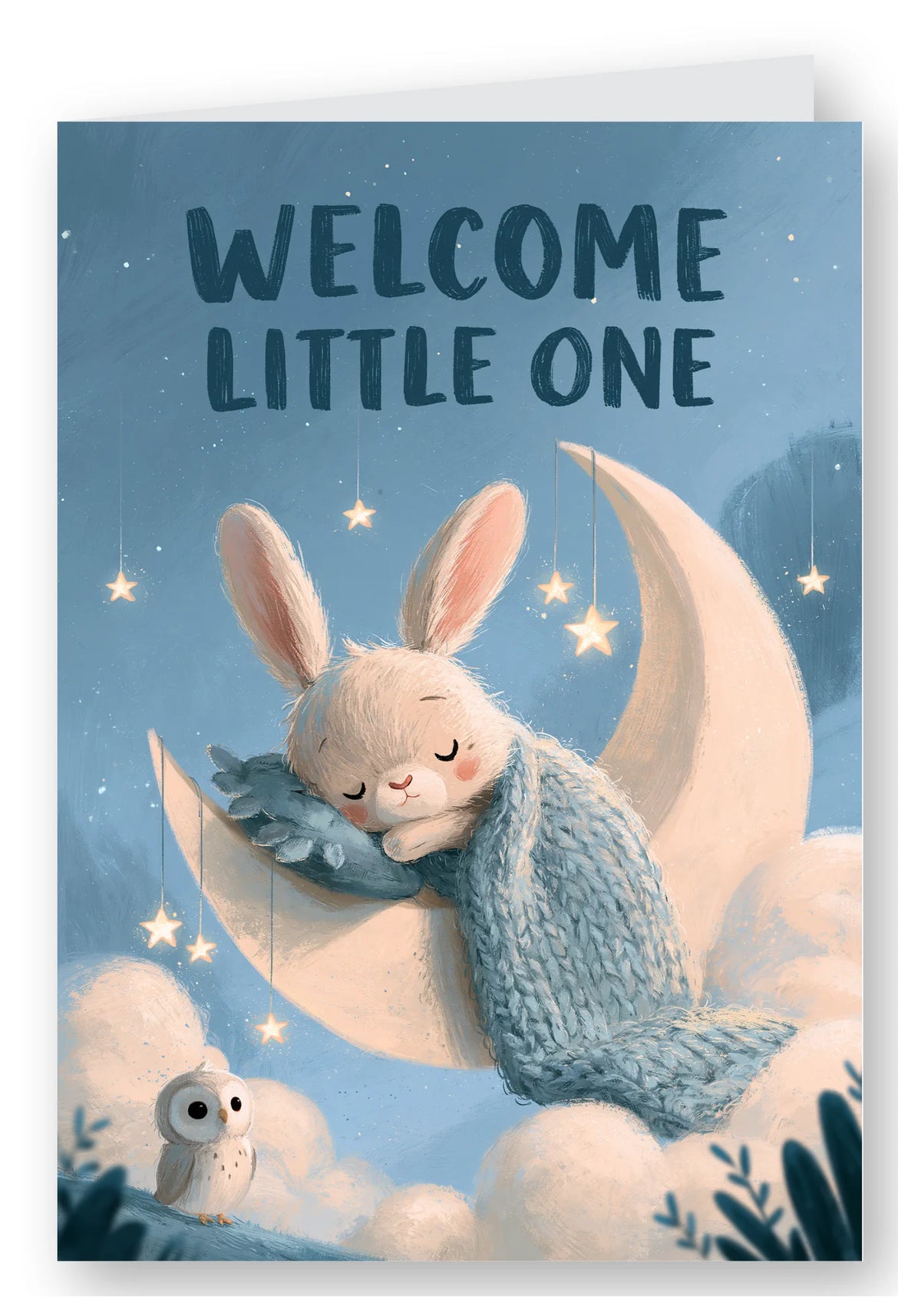 Welcome Little One Moon Bunny New Baby Card - Sleepy