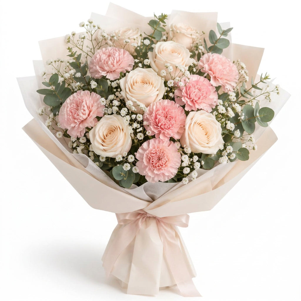 Pastel Carnations, Roses & Baby’s Breath Bouquet