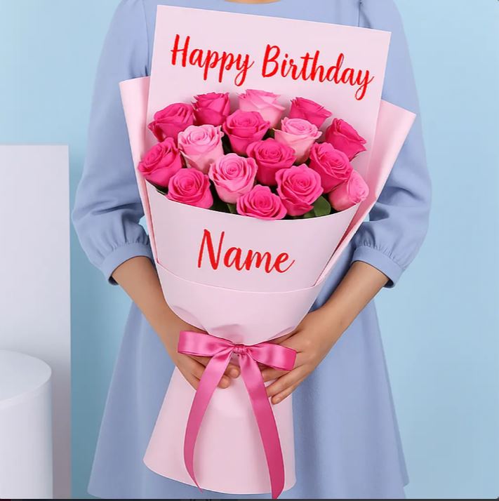 Pink Roses Customized Birthday Bouquet