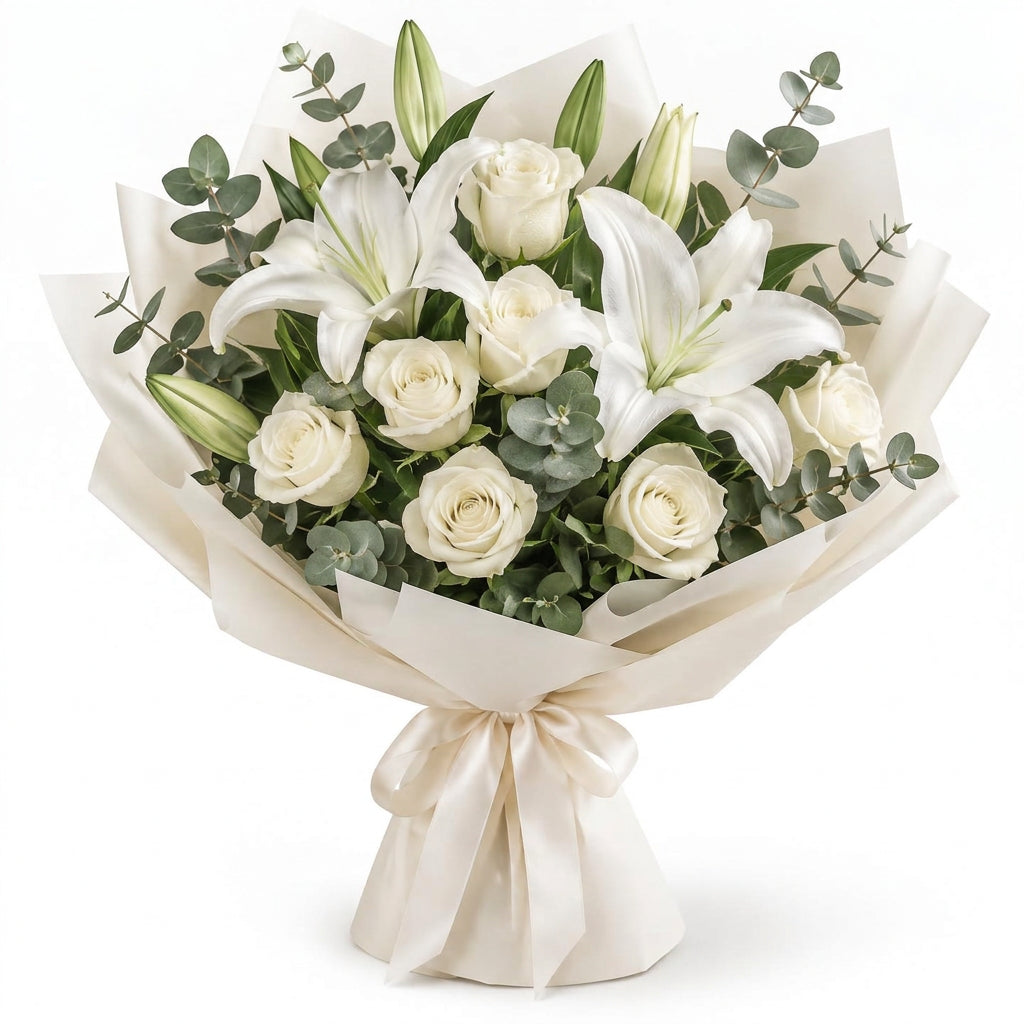 White Lilies & Roses with Eucalyptus
