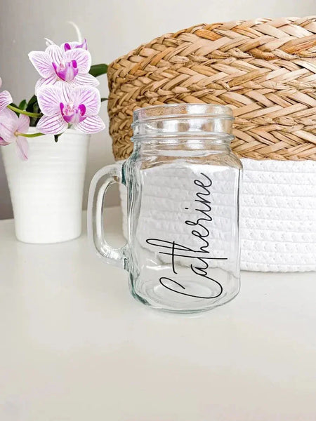 Personalized glass mason jar mug with name Catherine, ideal for custom gifts in Dubai UAE