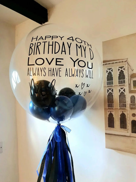 Personalized 40th birthday balloon with custom message, blue and black accents, perfect for UAE celebrations