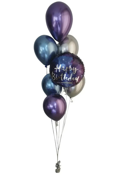 Purple and blue metallic birthday balloons with 'Happy Birthday' foil balloon, perfect for UAE celebrations