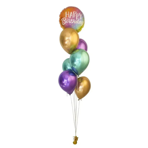 Happy Birthday foil balloon bouquet with metallic gold, purple, and teal balloons for UAE celebrations