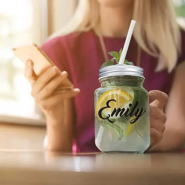 Personalized mason jar with name Emily, lemon mint drink, perfect for birthday gifts in UAE