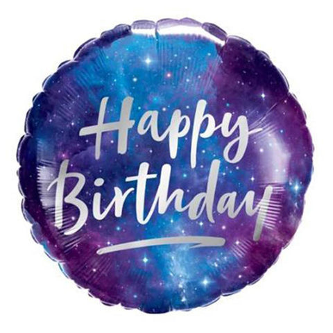 Purple, blue and silver helium Happy Birthday